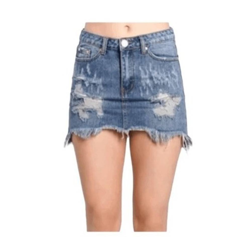 Signature8 High Rise Jean Skirt Blue Medium Wash Distressed Denim Raw Hem S